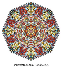 Mandala geometric round ornament, tribal ethnic arabic Indian motif, eight pointed circular abstract floral pattern. Hand drawn decorative vector design element 