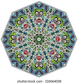 Mandala geometric round ornament, tribal ethnic arabic Indian motif, eight pointed circular abstract floral pattern. Hand drawn decorative vector design element 