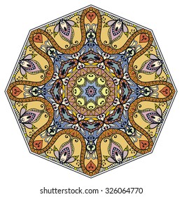 Mandala geometric round ornament, tribal ethnic arabic Indian motif, eight pointed circular abstract floral pattern. Hand drawn decorative vector design element 