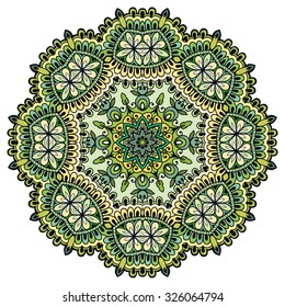 Mandala geometric round ornament, tribal ethnic arabic Indian motif, eight pointed circular abstract floral pattern. Hand drawn decorative vector design element 