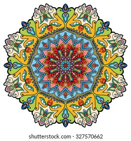 Mandala geometric round ornament, tribal ethnic arabic Indian motif, eight pointed circular abstract floral pattern. Hand drawn decorative vector design element 