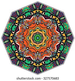 Mandala geometric round ornament, tribal ethnic arabic Indian motif, eight pointed circular abstract floral pattern. Hand drawn decorative vector design element 