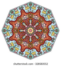 Mandala geometric round ornament, tribal ethnic arabic Indian motif, eight pointed circular abstract floral pattern. Hand drawn decorative vector design element 