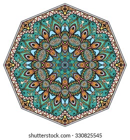 Mandala geometric round ornament, tribal ethnic arabic Indian motif, eight pointed circular abstract floral pattern. Hand drawn decorative vector design element 