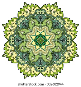Mandala geometric round ornament, tribal ethnic arabic Indian motif, eight pointed circular abstract floral pattern. Hand drawn decorative vector design element 