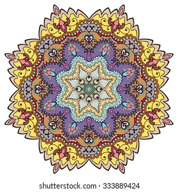 Mandala geometric round ornament, tribal ethnic arabic Indian motif, eight pointed circular abstract floral pattern. Hand drawn decorative vector design element 