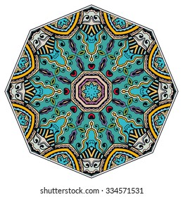 Mandala geometric round ornament, tribal ethnic arabic Indian motif, eight pointed circular abstract floral pattern. Hand drawn decorative vector design element 