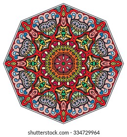 Mandala geometric round ornament, tribal ethnic arabic Indian motif, eight pointed circular abstract floral pattern. Hand drawn decorative design element. Vector illustration