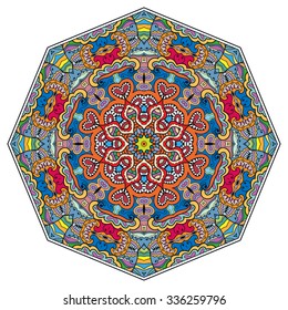 Mandala geometric round ornament, tribal ethnic arabic Indian motif, eight pointed circular abstract floral pattern. Hand drawn decorative vector design element 