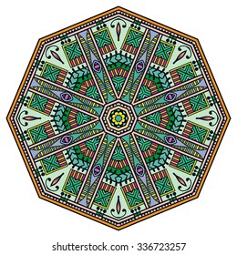 Mandala geometric round ornament, tribal ethnic arabic Indian motif, eight pointed circular abstract floral pattern. Hand drawn decorative vector design element 