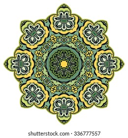 Mandala geometric round ornament, tribal ethnic arabic Indian motif, eight pointed circular abstract floral pattern. Hand drawn decorative vector design element 
