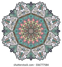 Mandala geometric round ornament, tribal ethnic arabic Indian motif, eight pointed circular abstract floral pattern. Hand drawn decorative vector design element 