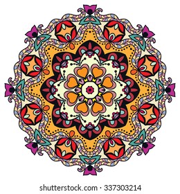 Mandala geometric round ornament, tribal ethnic arabic Indian motif, eight pointed circular abstract floral pattern. Hand drawn decorative vector design element 