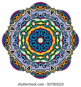 Mandala geometric round ornament, tribal ethnic arabic Indian motif, eight pointed circular abstract floral pattern. Hand drawn decorative vector design element 
