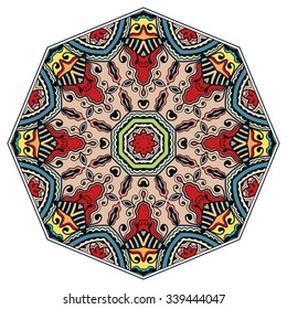 Mandala geometric round ornament, tribal ethnic arabic Indian motif, eight pointed circular abstract floral pattern. Hand drawn decorative vector design element 