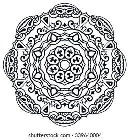 Mandala geometric round ornament, tribal ethnic arabic Indian motif, eight pointed circular abstract floral pattern. Hand drawn decorative vector design element. Isolated on white background