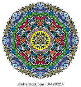 Mandala geometric round ornament, tribal ethnic arabic Indian motif, circular abstract floral pattern. Hand drawn decorative vector design element 