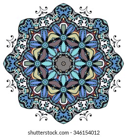 Mandala geometric round ornament, tribal ethnic arabic Indian motif, circular abstract floral pattern. Hand drawn decorative vector design element isolated on white background