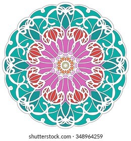 Mandala geometric round ornament, tribal ethnic arabic Indian motif, eight pointed circular abstract floral pattern. Hand drawn decorative vector design element