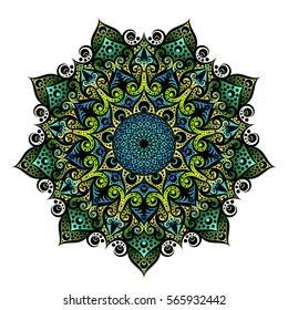 Mandala geometric round ornament, tribal ethnic arabic Indian motif, eight pointed circular abstract floral pattern. Hand drawn decorative vector design element