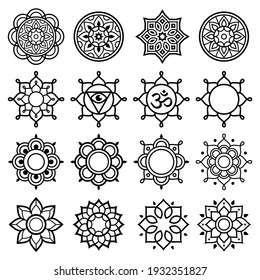 Mandala geometric vector symbols, simple black and white designs - yoga, Zen, mindfulness concept. Mandalas set minimalist style - bohemian, meditation graphic design elements 

