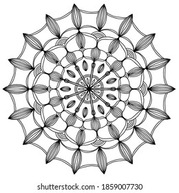 Mandala with geometrical elements for coloring book, anti stress therapy, black outline, vector illustration
