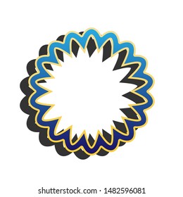 Mandala geometry sign. Blue icon with gold contour with dark gray shadow at white background. Illustration.
