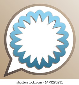 Mandala geometry sign. Bright cerulean icon in white speech balloon at pale taupe background. Illustration.