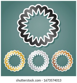 Mandala geometry sign. Set of metallic Icons with gray, gold, silver and bronze gradient with white contour and shadow at viridan background. Illustration.