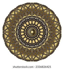 Mandala. Gold 3d celtic greek style floral mandala pattern. Luxury ornamental vector background. Intricate celtic arabeque ornaments with flowers, gold button, greek key, meanders, frames, borders.