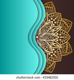Mandala gold, background. Invitation card. Vintage pattern with round ornament, decorative indian medallion, abstract lotus flower element. Vector design