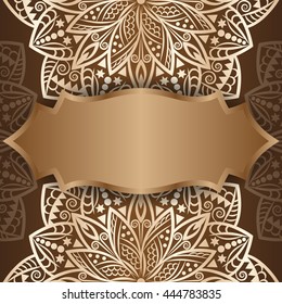 Mandala gold, background. Invitation card. Vintage pattern with round ornament, decorative indian medallion, abstract lotus flower element. Vector design