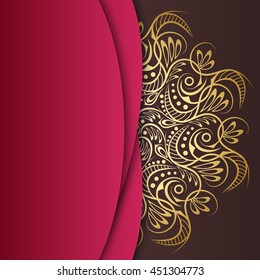 Mandala gold, background. Invitation card. Pattern with vintage round ornament, decorative indian medallion, abstract islamic flower element. Vector design