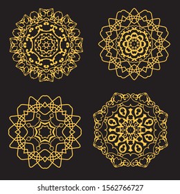 Mandala gold and black background. Vintage decorate element. Ornament of mandala can be used a invitation card.