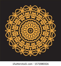 Mandala gold and black background. Vintage decorate element. Ornament of mandala can be used a invitation card.