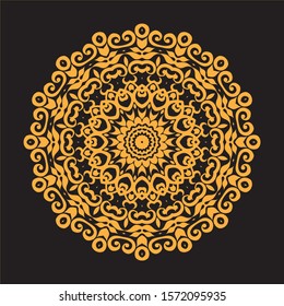 Mandala gold and black background. Vintage decorate element. Ornament of mandala can be used a invitation card.