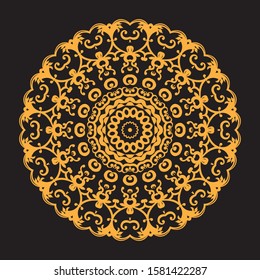 Mandala gold and black background. Vintage decorate element. Ornament of mandala can be used a invitation card.