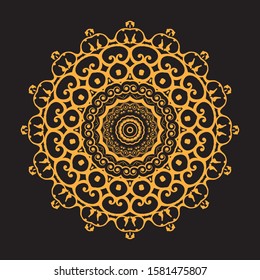 Mandala gold and black background. Vintage decorate element. Ornament of mandala can be used a invitation card.