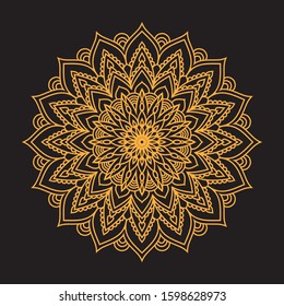 Mandala gold and black background. Vintage decorate element. Ornament of mandala can be used a invitation card.