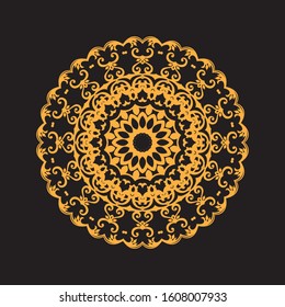 Mandala gold and black background. Vintage decorate element. Ornament of mandala can be used a invitation card.