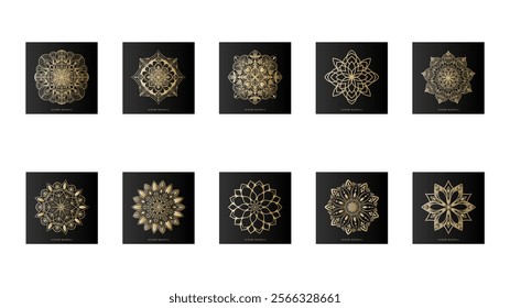 Mandala Gold Line Art Design Vector  isolated on black background, Design for a wallpaper Paint, illustration Vector EPS 10