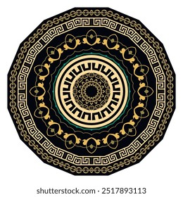 Mandala. Gold  luxury floral mandala pattern with chains, vintage flowers, greek meanders, frames, borders. Beautiful ornamental vector background. Elegant ornaments. Isolated ornate design on white.