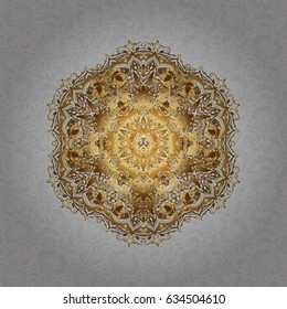 Mandala gold on a gray background. Invitation card. Vector vintage pattern.