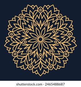 Mandala, gold pattern, ethnic circular ornament, logo, tattoo. Stock image isolated on dark background. Print for printing on fabric.