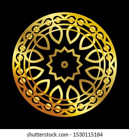 Mandala gold round ornament pattern on black background. For Henna, Mehndi, tattoo, decoration, print, wrapping, wall, carpet. Decorative ornament in ethnic oriental style vector illustration.