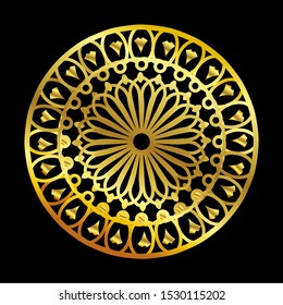 Mandala gold round ornament pattern on black background. For Henna, Mehndi, tattoo, decoration, print, wrapping, wall, carpet. Decorative ornament in ethnic oriental style vector illustration.