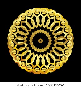 Mandala gold round ornament pattern on black background. For Henna, Mehndi, tattoo, decoration, print, wrapping, wall, carpet. Decorative ornament in ethnic oriental style vector illustration.