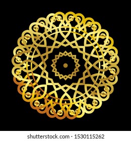 Mandala gold round ornament pattern on black background. For Henna, Mehndi, tattoo, decoration, print, wrapping, wall, carpet. Decorative ornament in ethnic oriental style vector illustration.