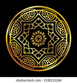 Mandala gold round ornament pattern on black background. For Henna, Mehndi, tattoo, decoration, print, wrapping, wall, carpet. Decorative ornament in ethnic oriental style vector illustration.