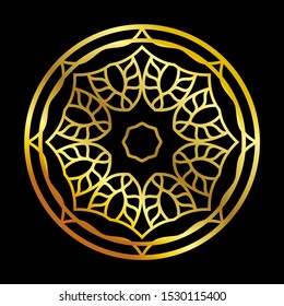 Mandala gold round ornament pattern on black background. For Henna, Mehndi, tattoo, decoration, print, wrapping, wall, carpet. Decorative ornament in ethnic oriental style vector illustration.